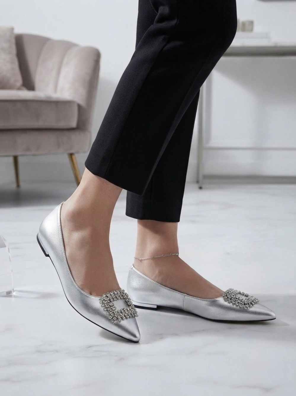 Nine West Silver Pointed Toe Flats with Crystal Buckle